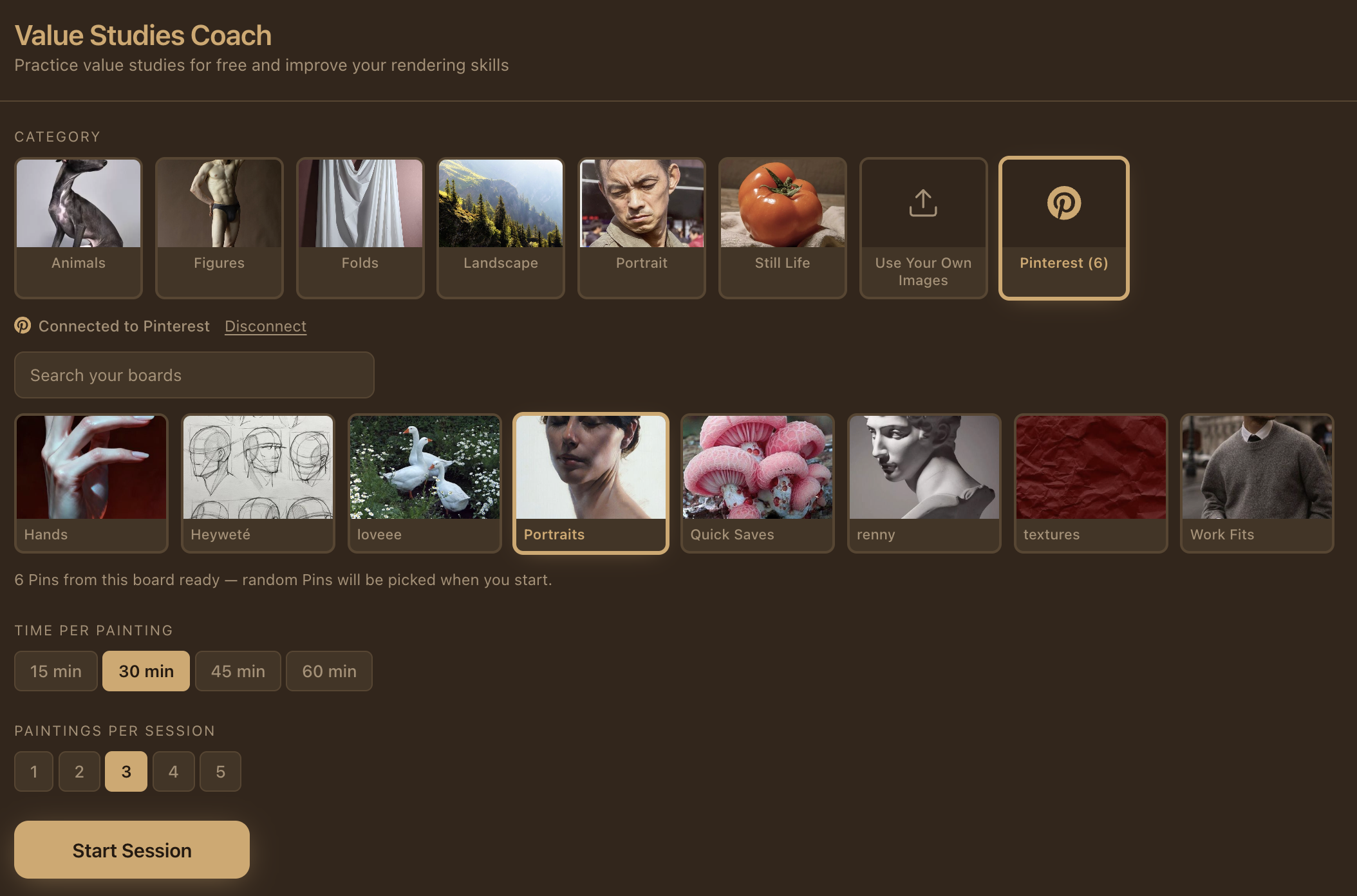The Pinterest button used to connect your account in Value Studies Coach